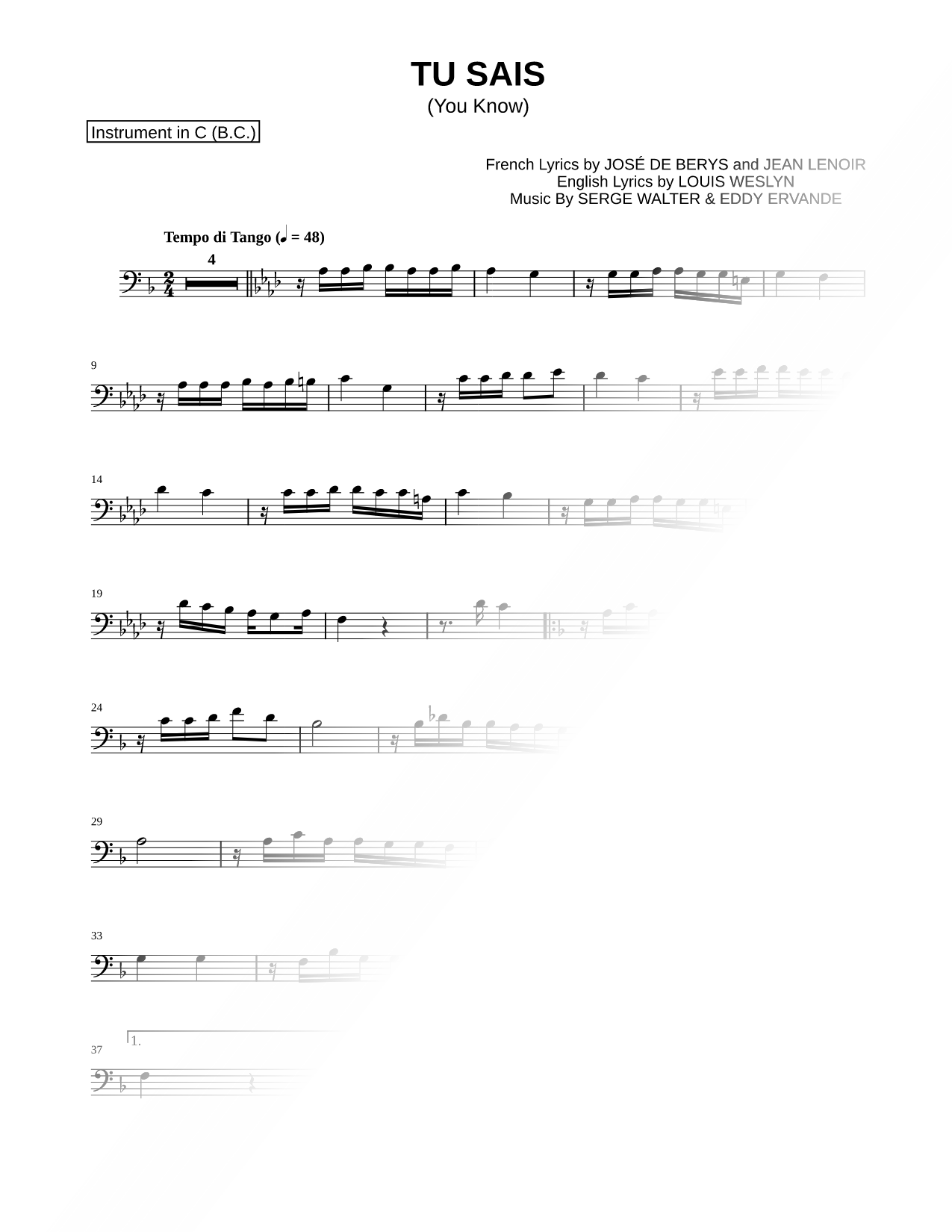 Tu Sais - Bass Clef Instrument