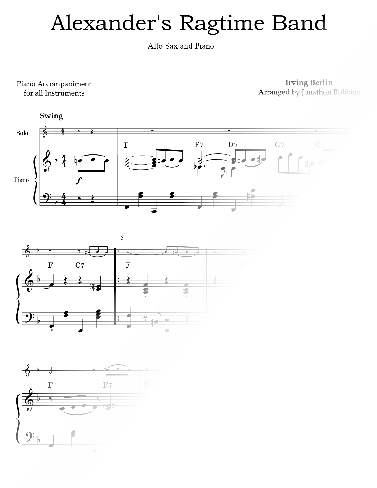 Alexander's Ragtime Band - Alto Saxophone & Piano