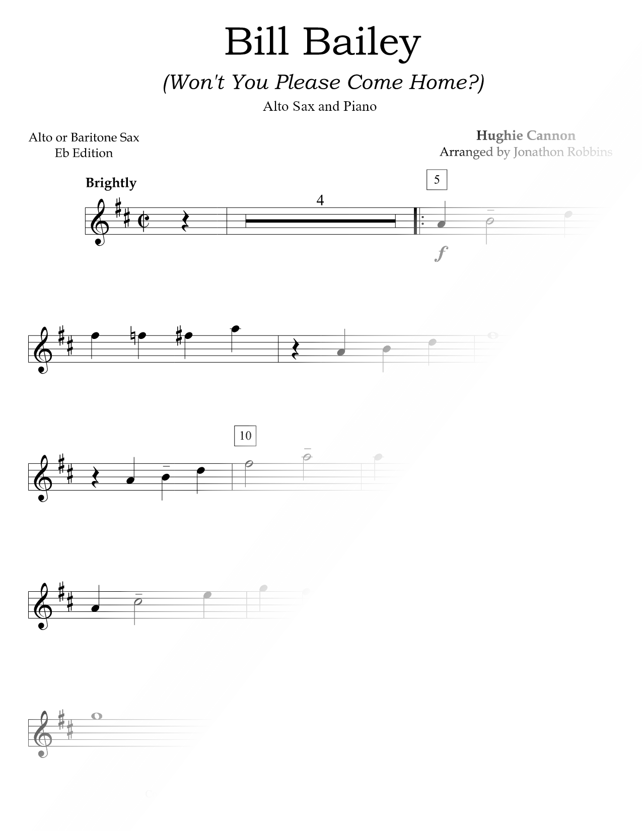 Bill Bailey, Won't You Please Come Home? - Alto Saxophone & Piano