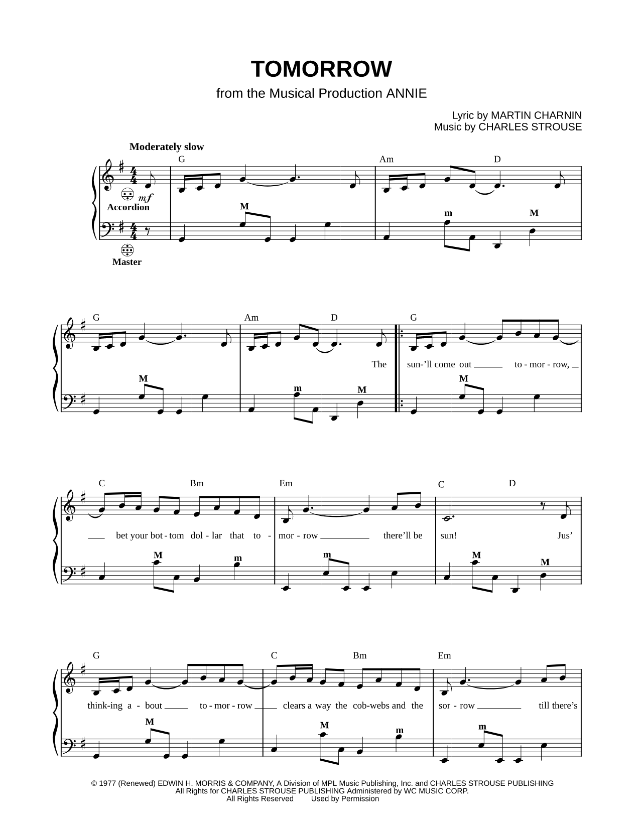Tomorrow Sheet Music — for Accordion with Vocal/Chords