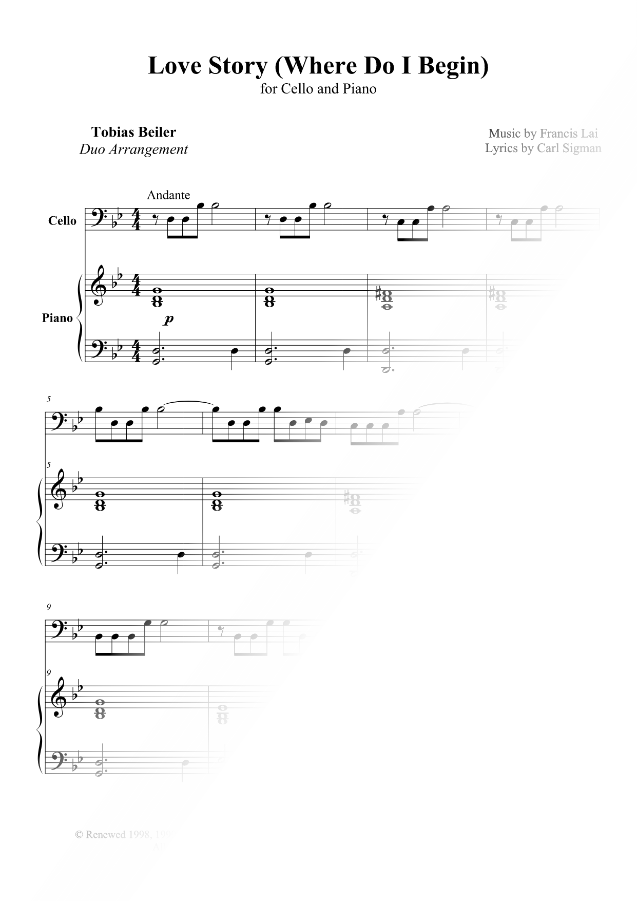 Love Story (Where Do I Begin) - Cello & Piano