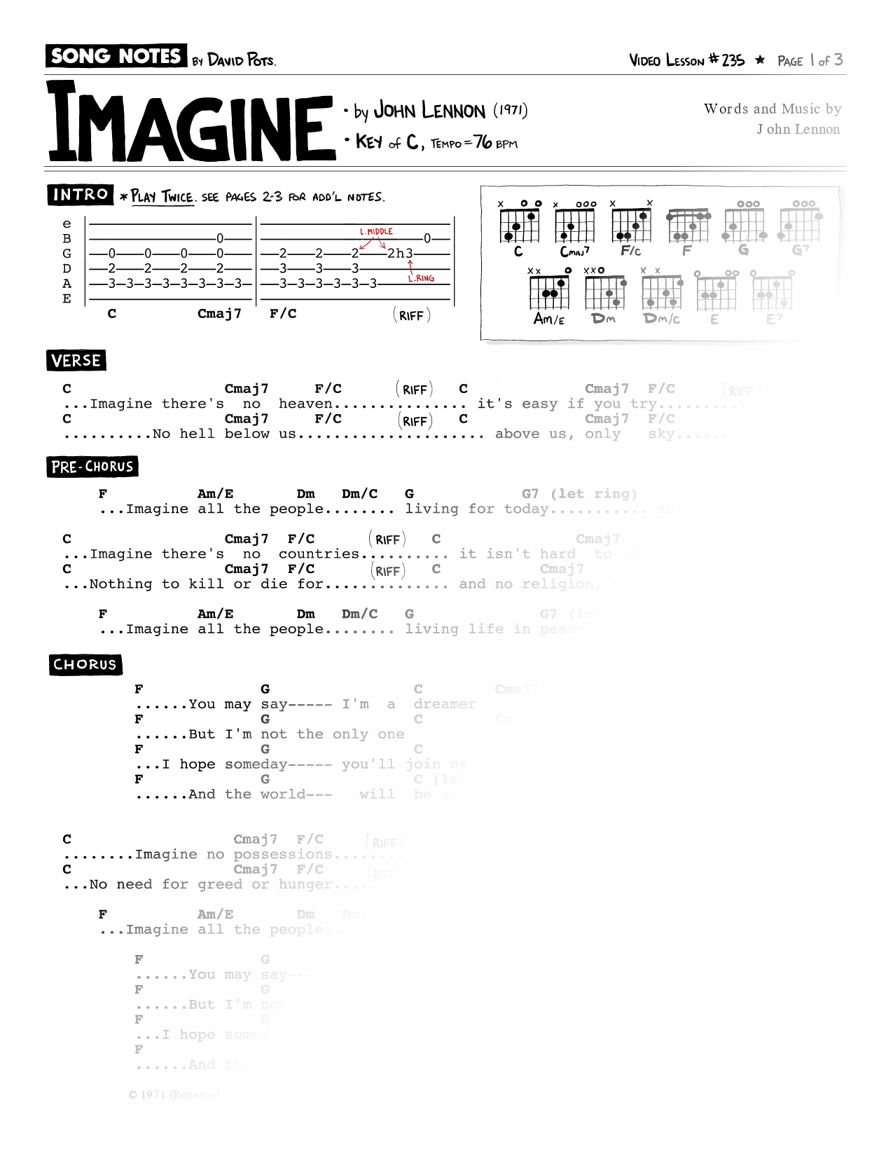 Imagine Sheet Music — Chord Chart
