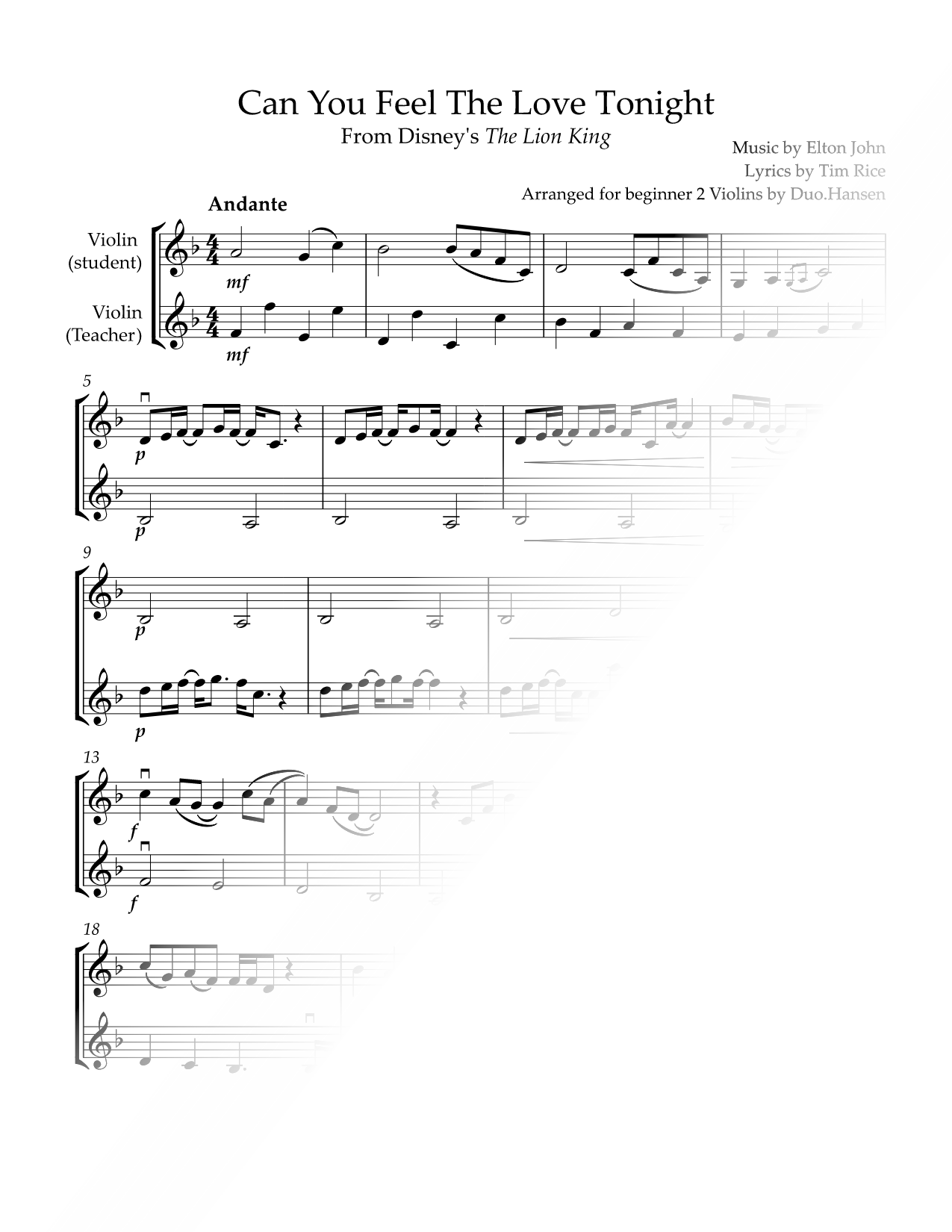 Can You Feel the Love Tonight - Violin Duet
