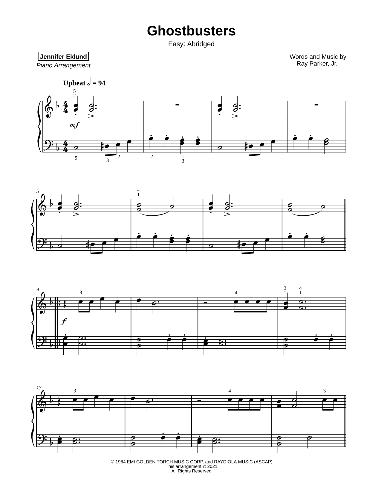 Ghostbusters [easy - abridged] Sheet Music — Piano Solo