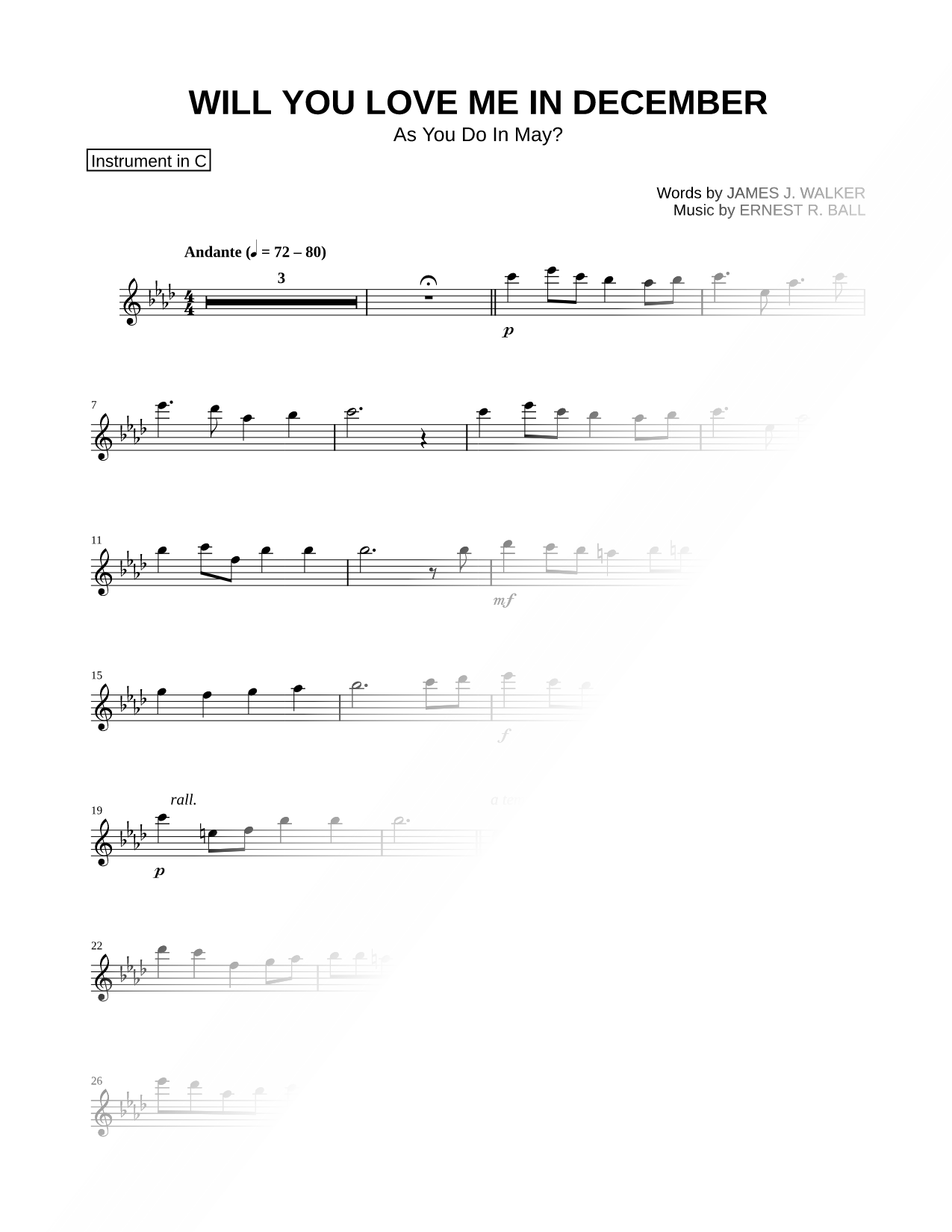 Will You Love Me In December - C Instrument