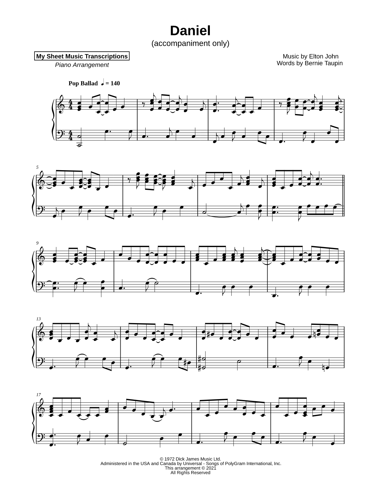 Daniel [accompaniment only] Sheet Music — Piano Solo