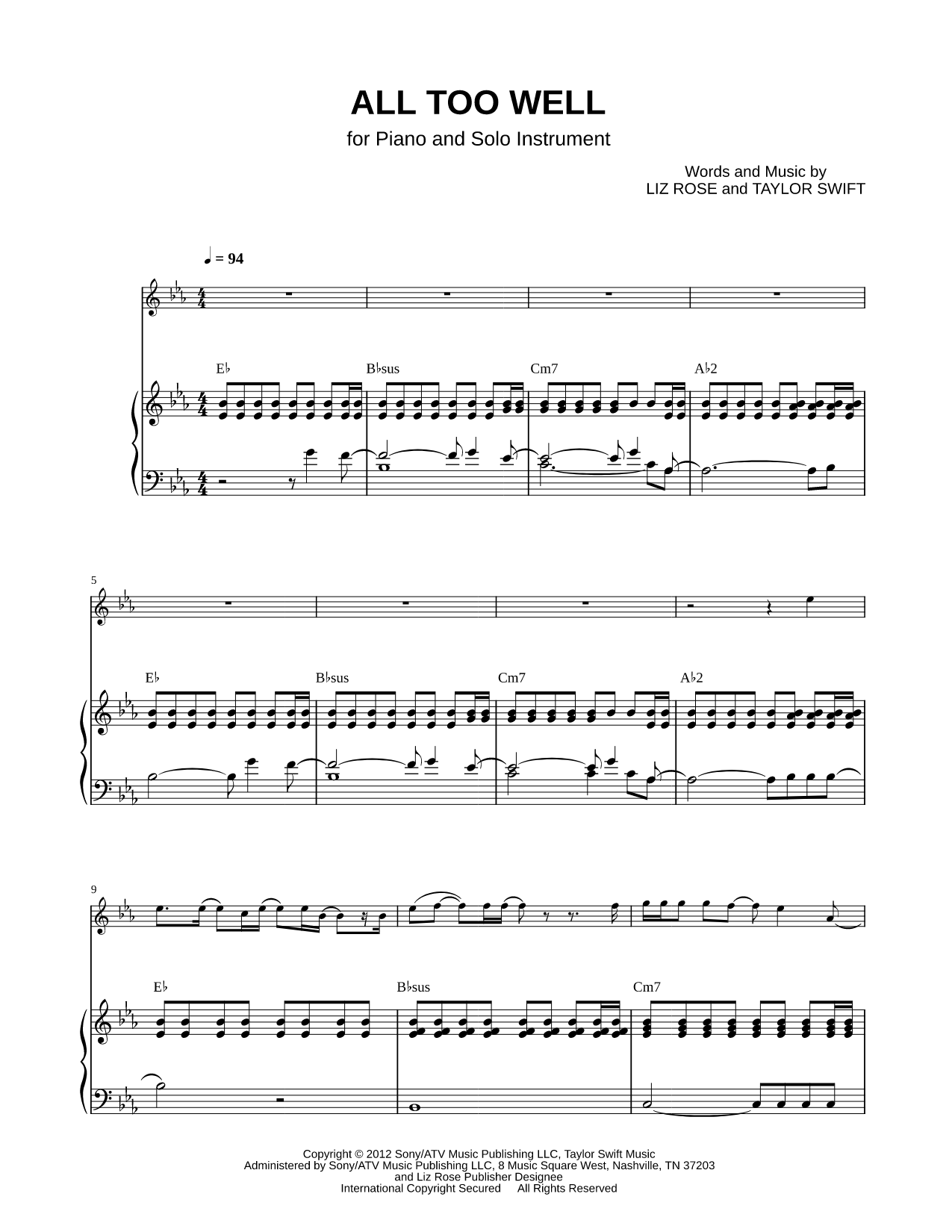 All Too Well - Piano Accompaniment