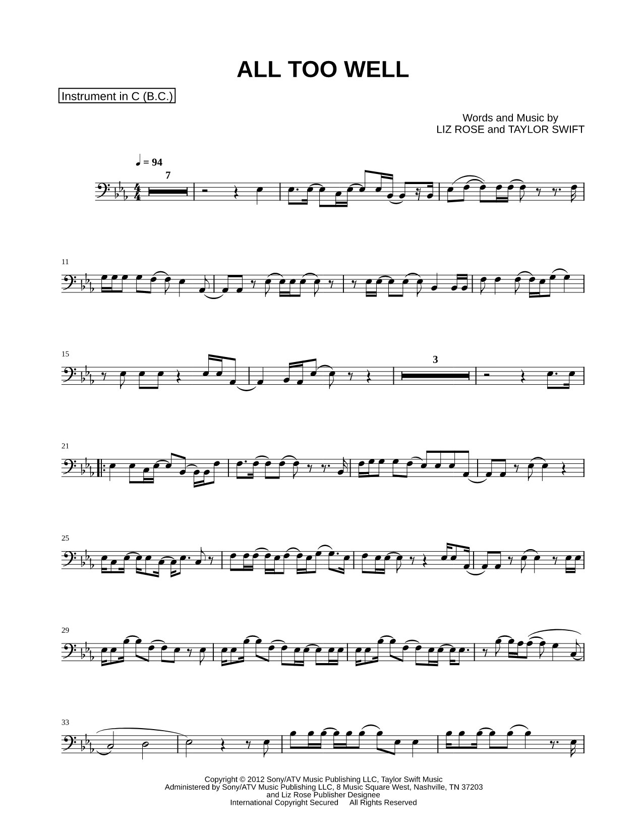 All Too Well - Bass Clef Instrument