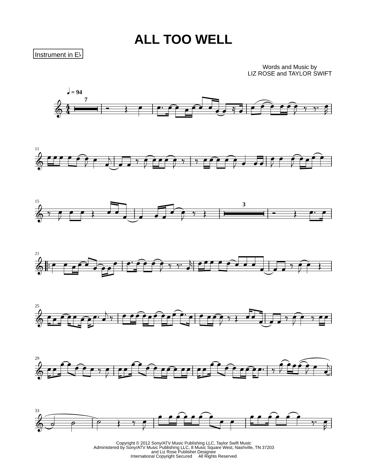 All Too Well - Eb Instrument