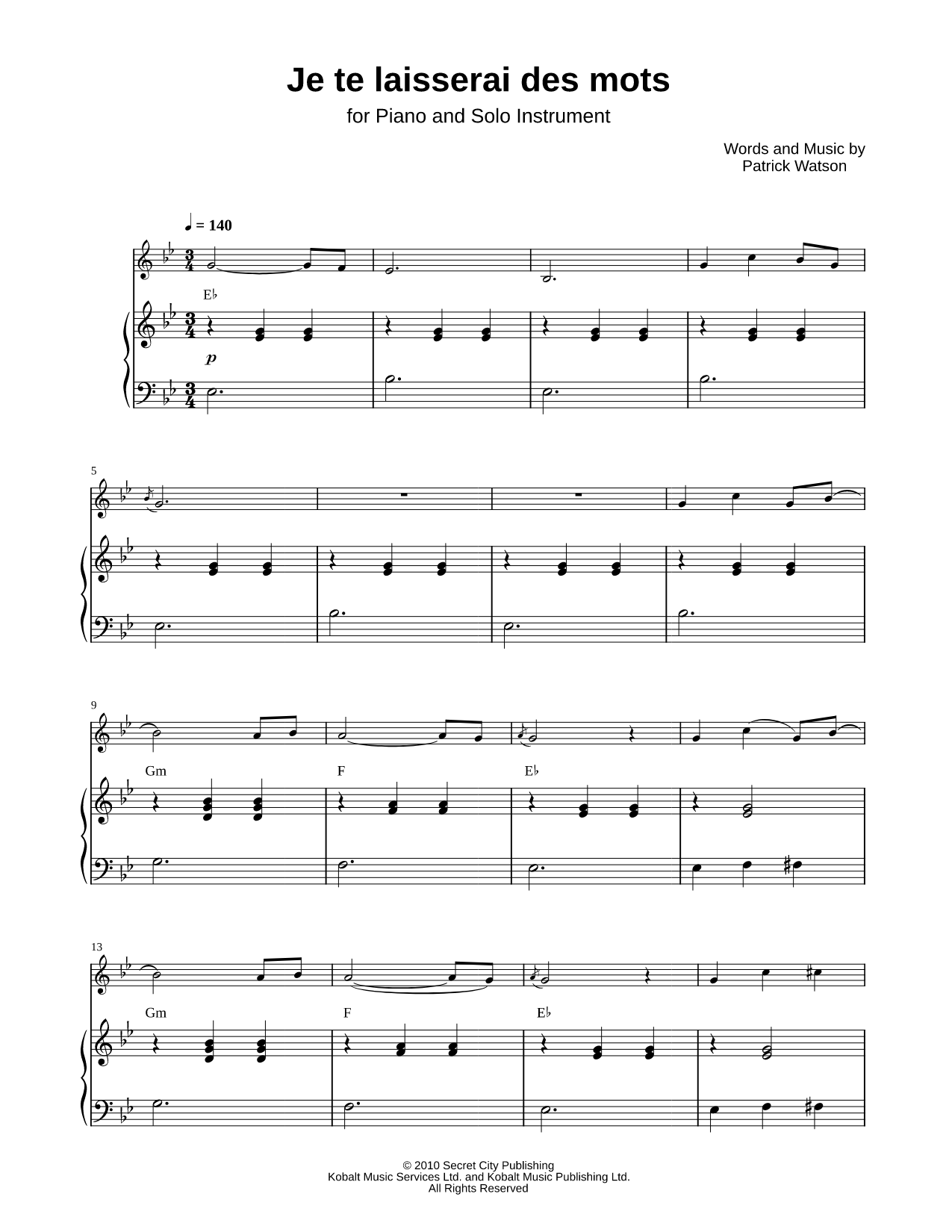 Je te laisserai des mots - Piano Accompaniment