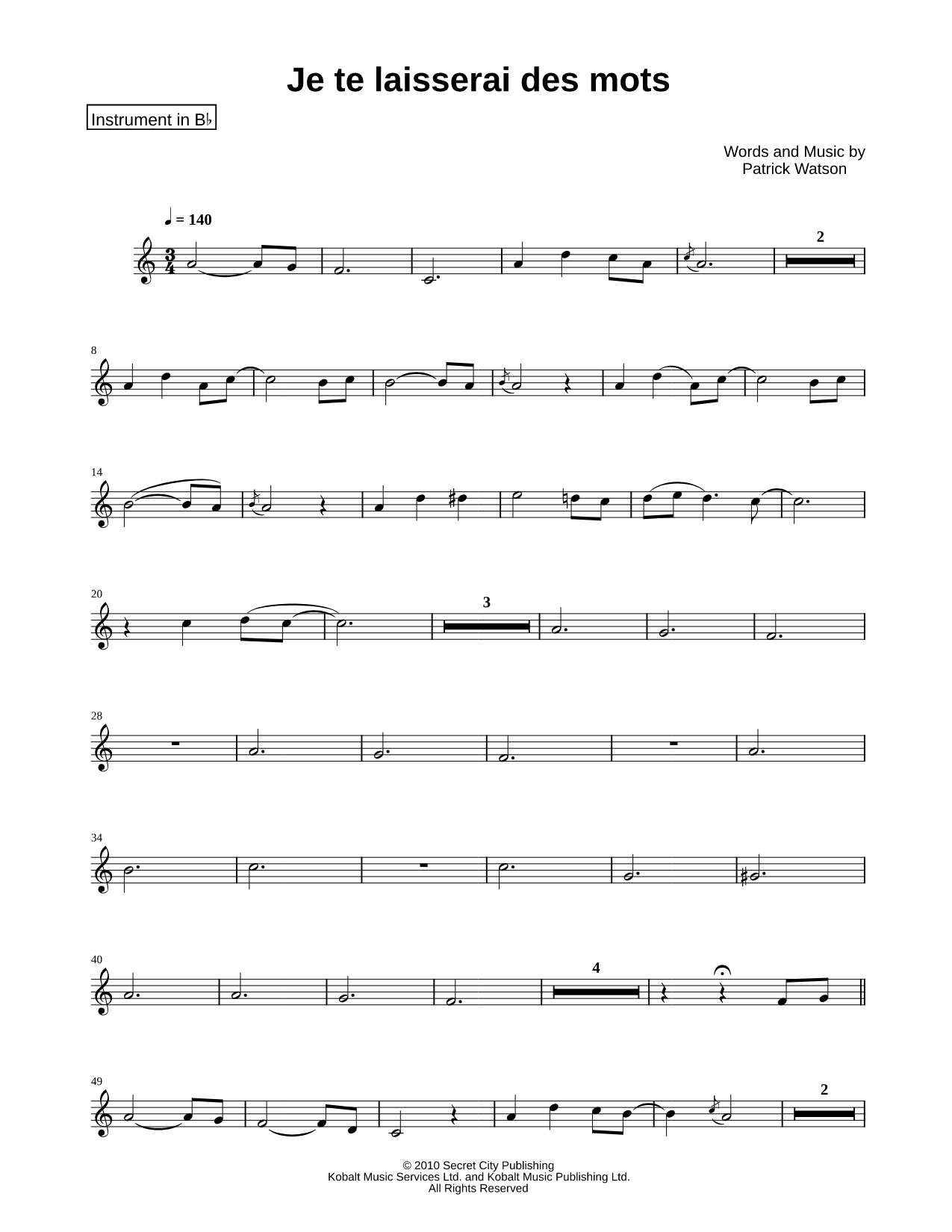 Je te laisserai des mots - Bb Instrument
