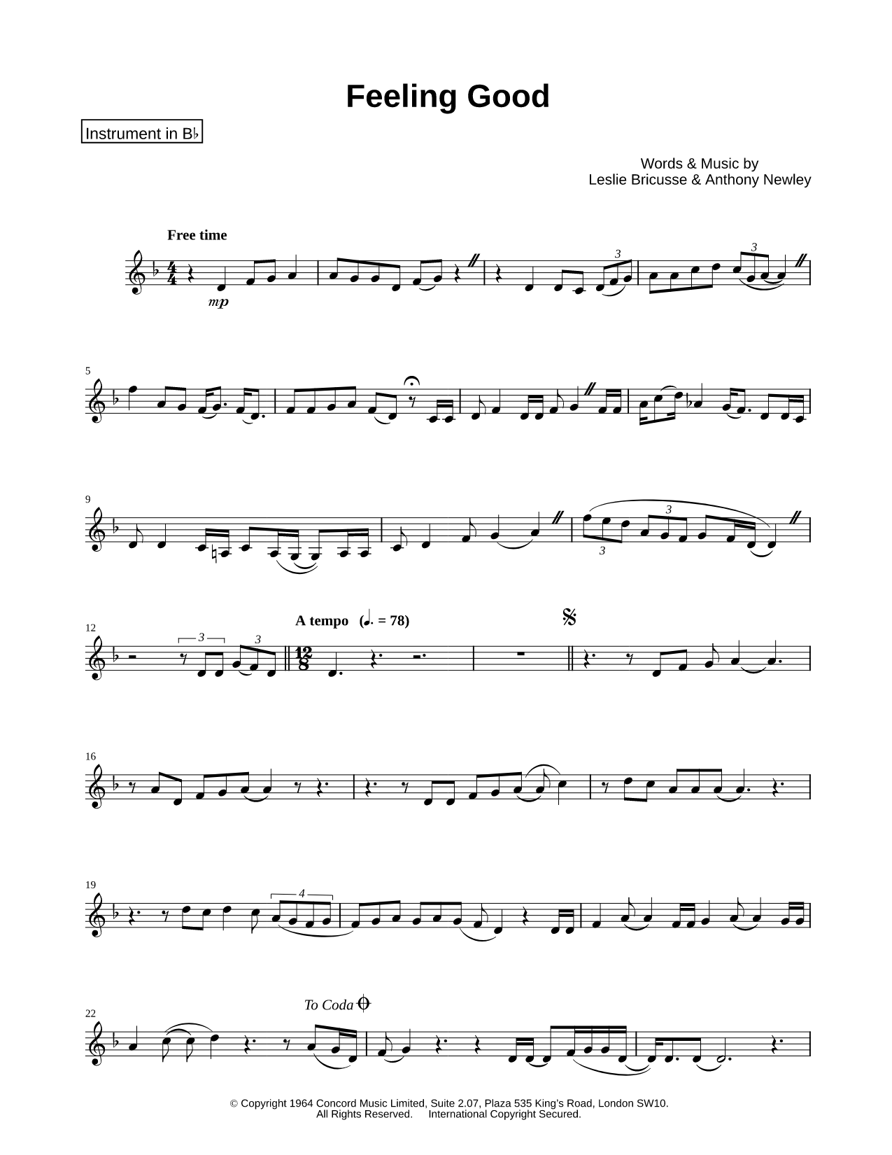 Feeling Good - Bb Instrument Sheet Music — Instrumental Solo