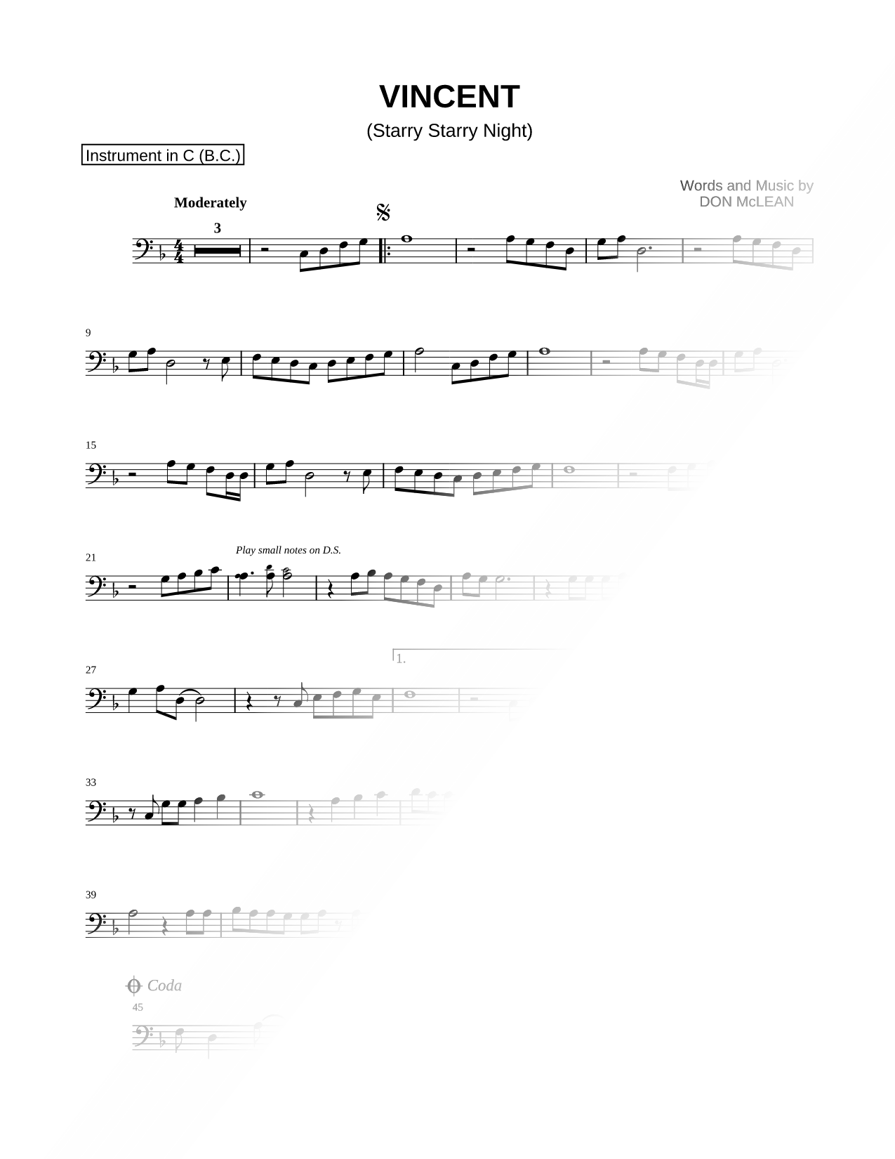 Vincent (Starry Starry Night) - Bass Clef Instrument