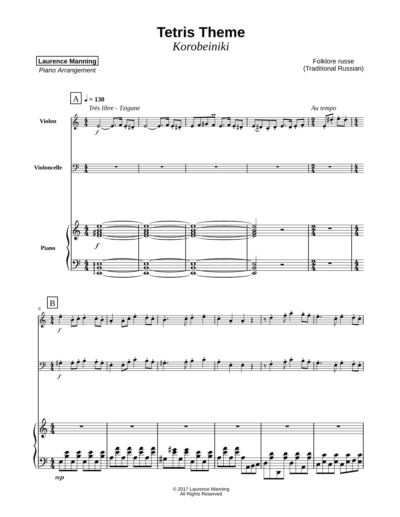 Tetris Theme - Violin, Cello & Piano