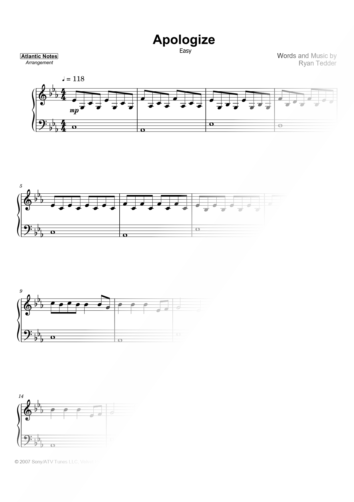 Apologize [easy] Sheet Music — Piano Solo