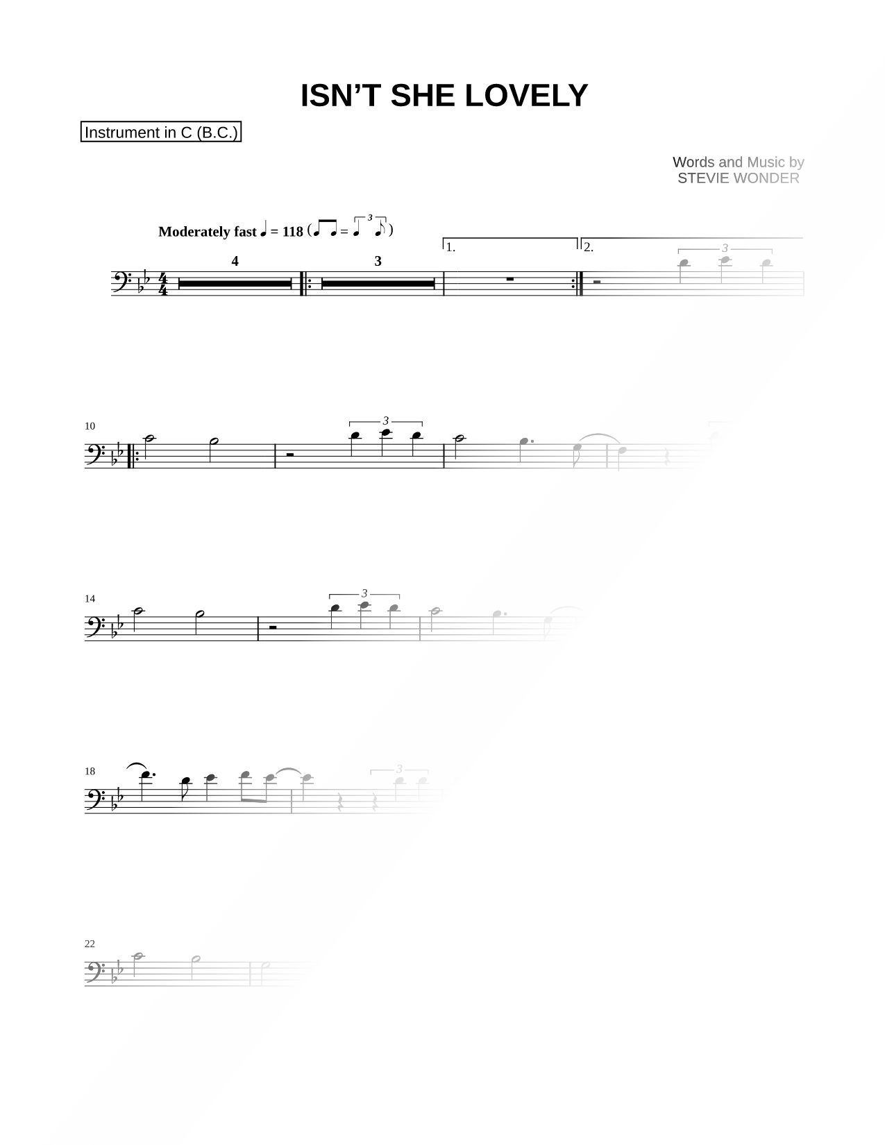 Isn't She Lovely - Bass Clef Instrument