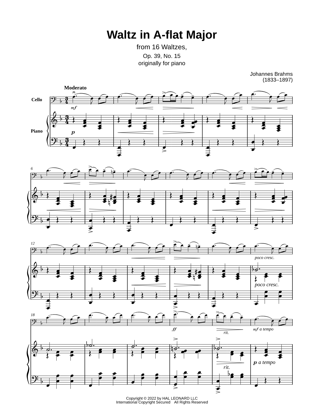 Waltz, Op. 39, No. 15 - Cello & Piano