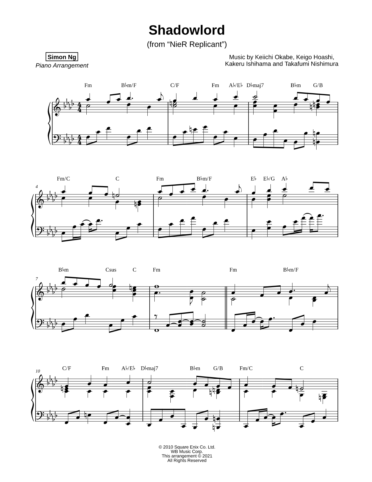 Shadowlord Sheet Music — Piano Solo