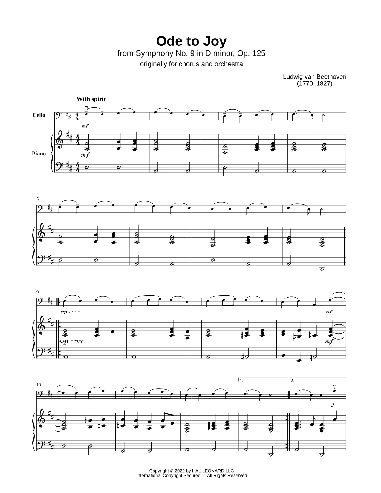 Ode to Joy - Cello & Piano