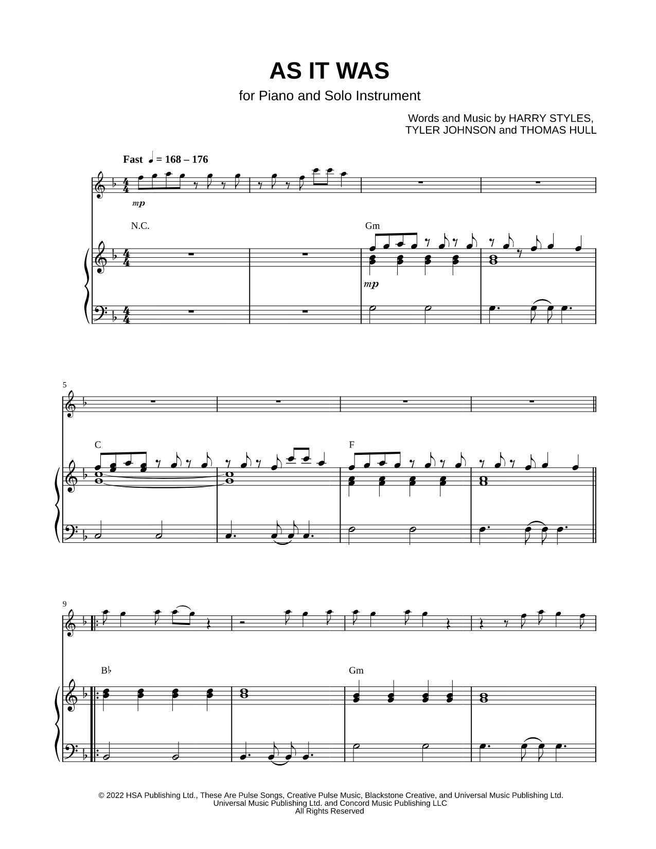 As It Was - Piano Accompaniment