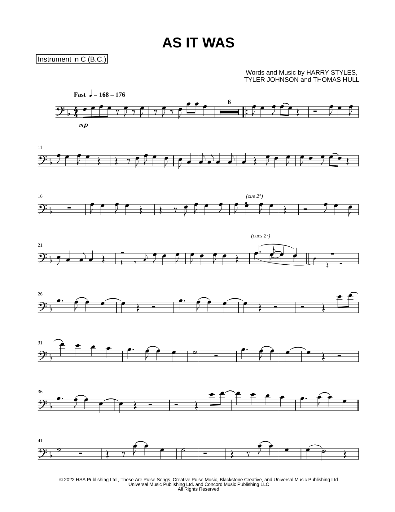 As It Was - Bass Clef Instrument