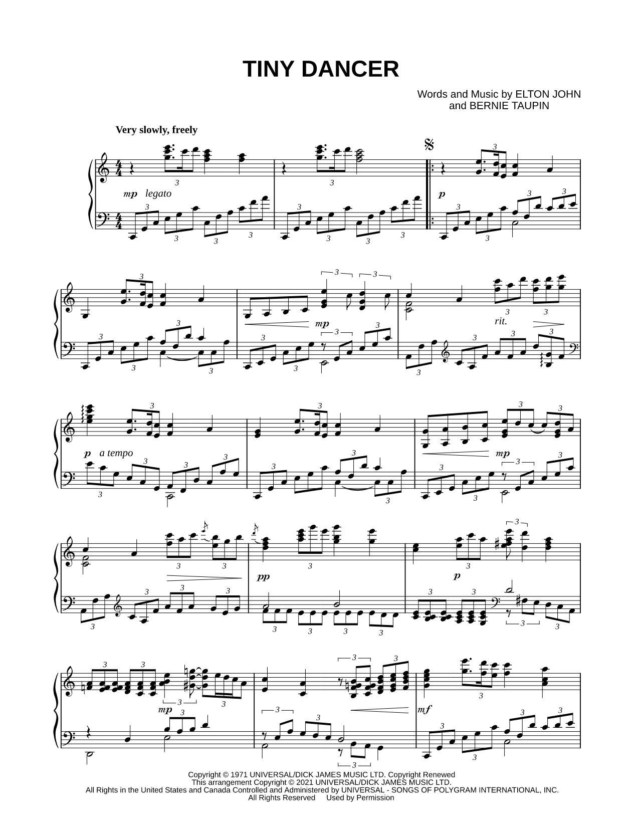 Tiny Dancer Sheet Music — Piano Solo