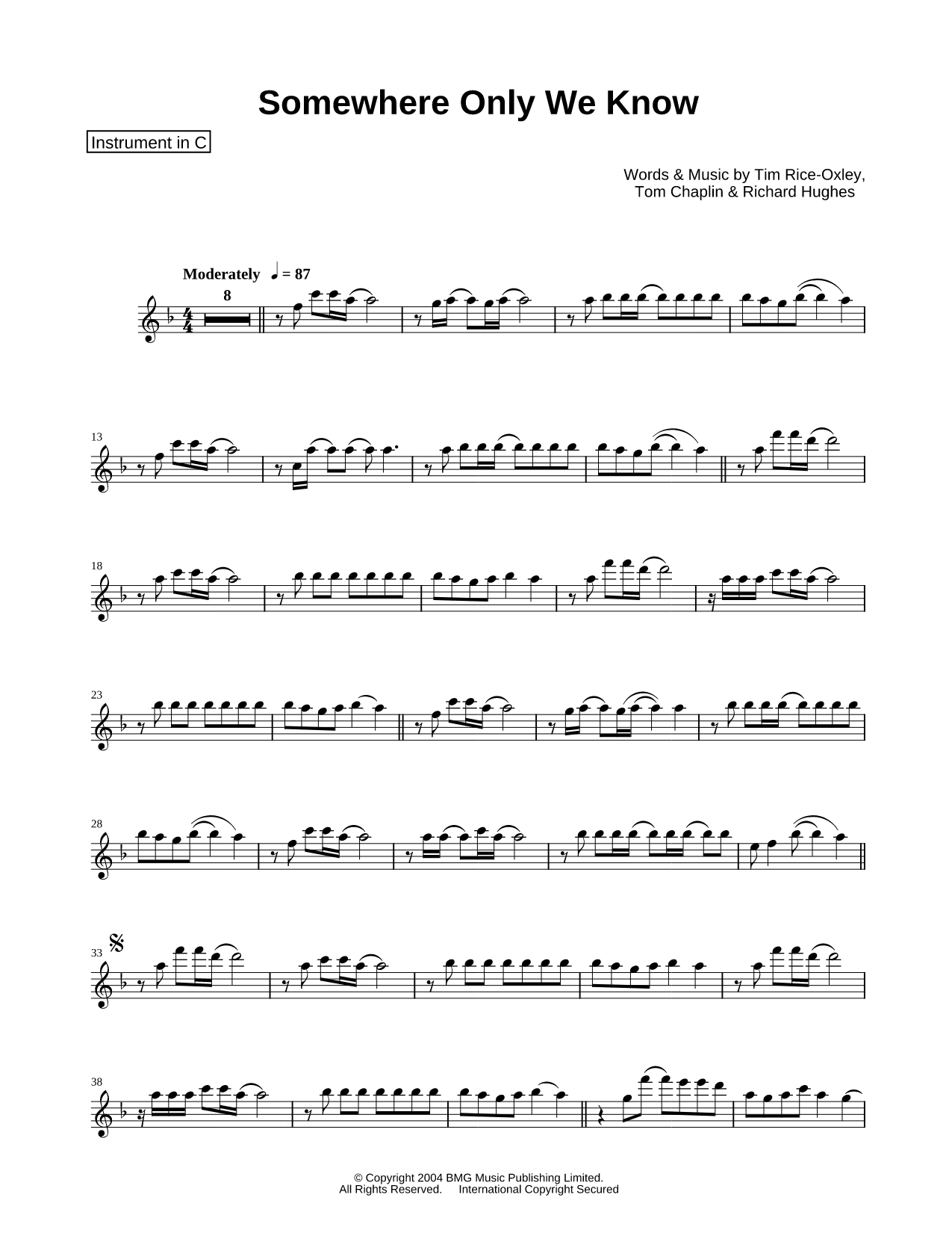 Somewhere Only We Know - C Instrument