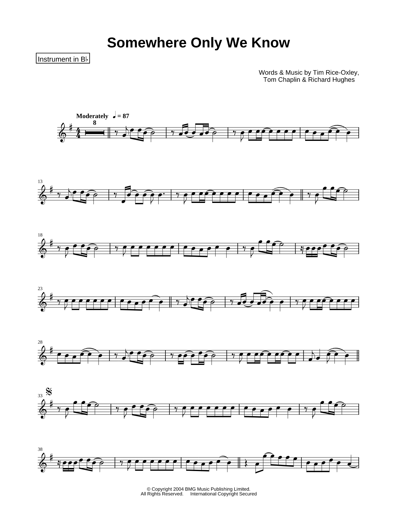 Somewhere Only We Know - Bb Instrument