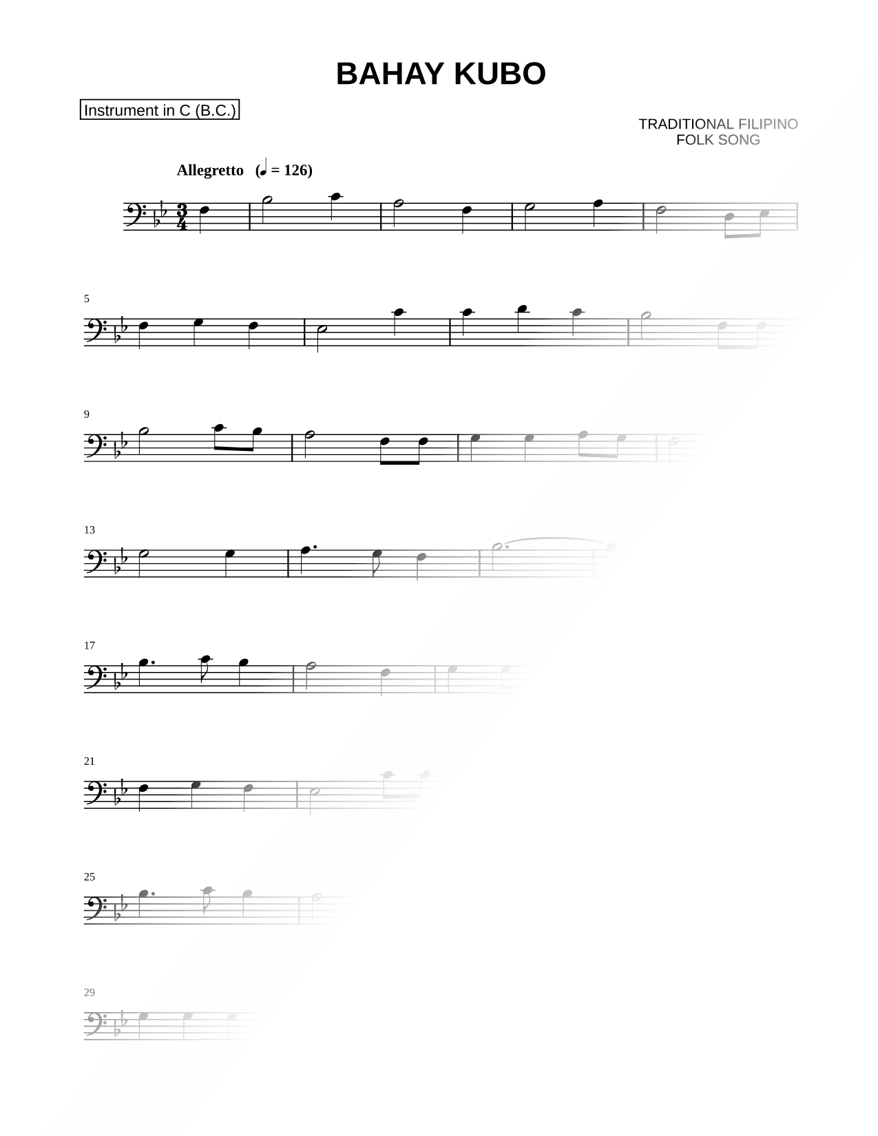 Bahay Kubo - Bass Clef Instrument