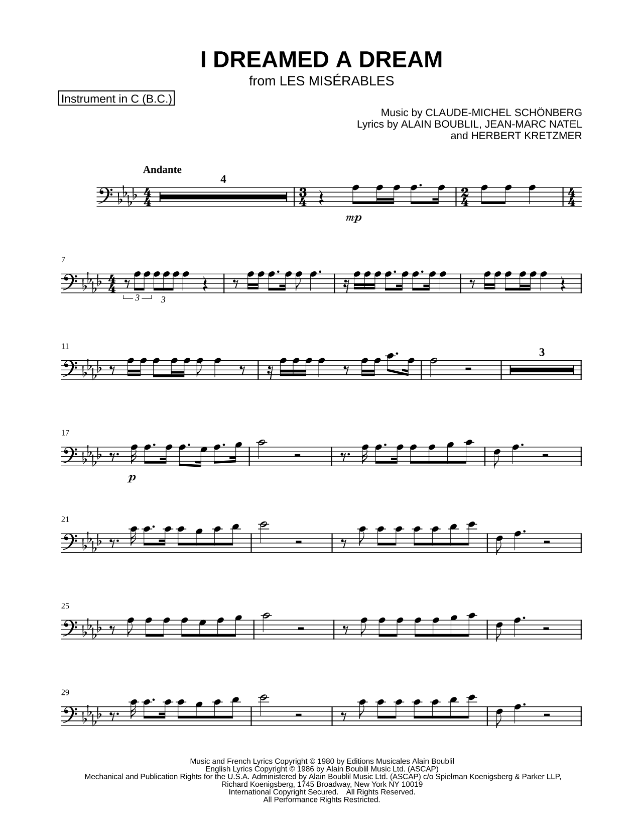 I Dreamed a Dream - Bass Clef Instrument