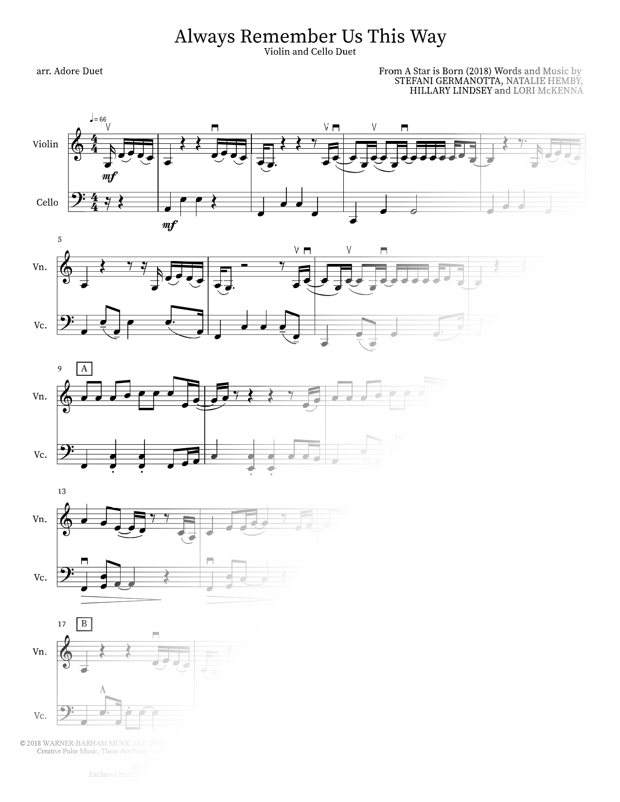 Always Remember Us This Way - Violin & Cello