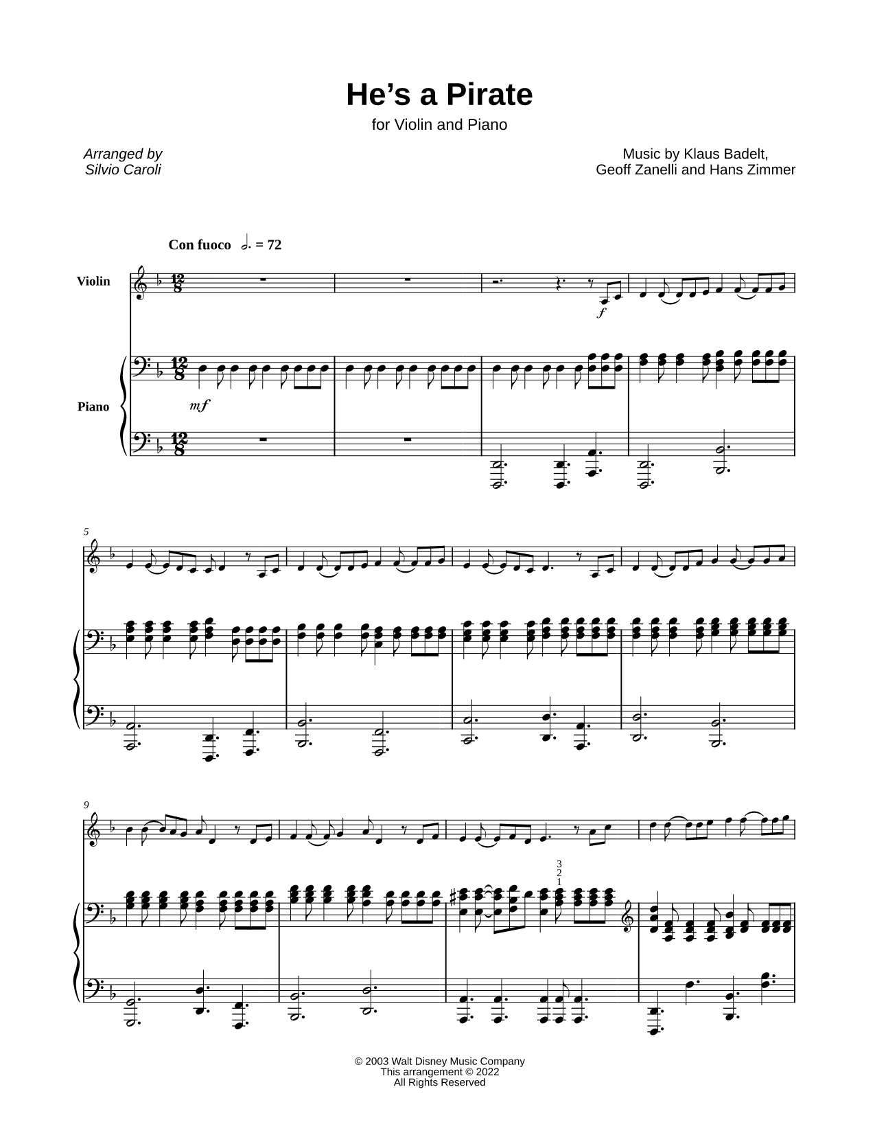 He's a Pirate - Violin & Piano