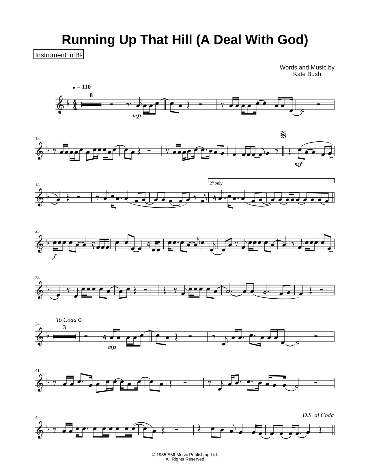 Running Up That Hill - Bb Instrument