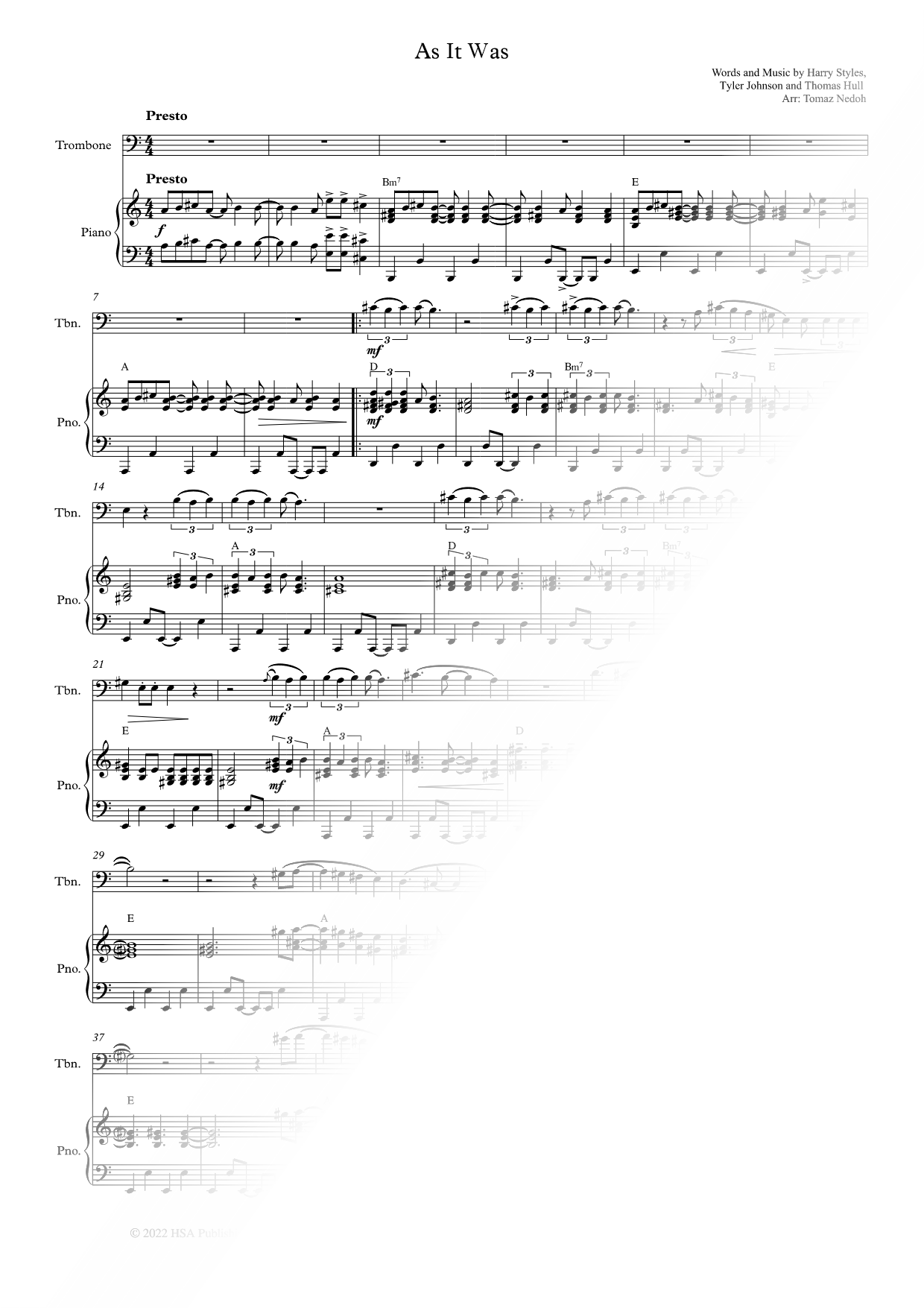 As It Was - Bass Clef Instrument & Piano
