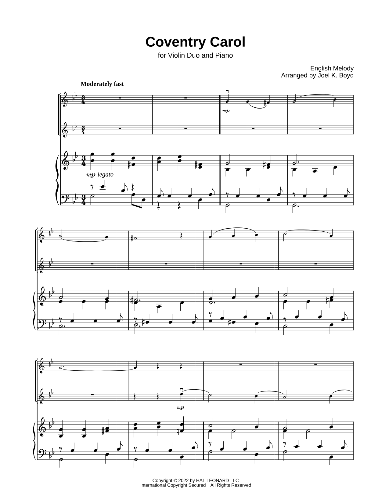 The Coventry Carol - Violin Duet & Piano