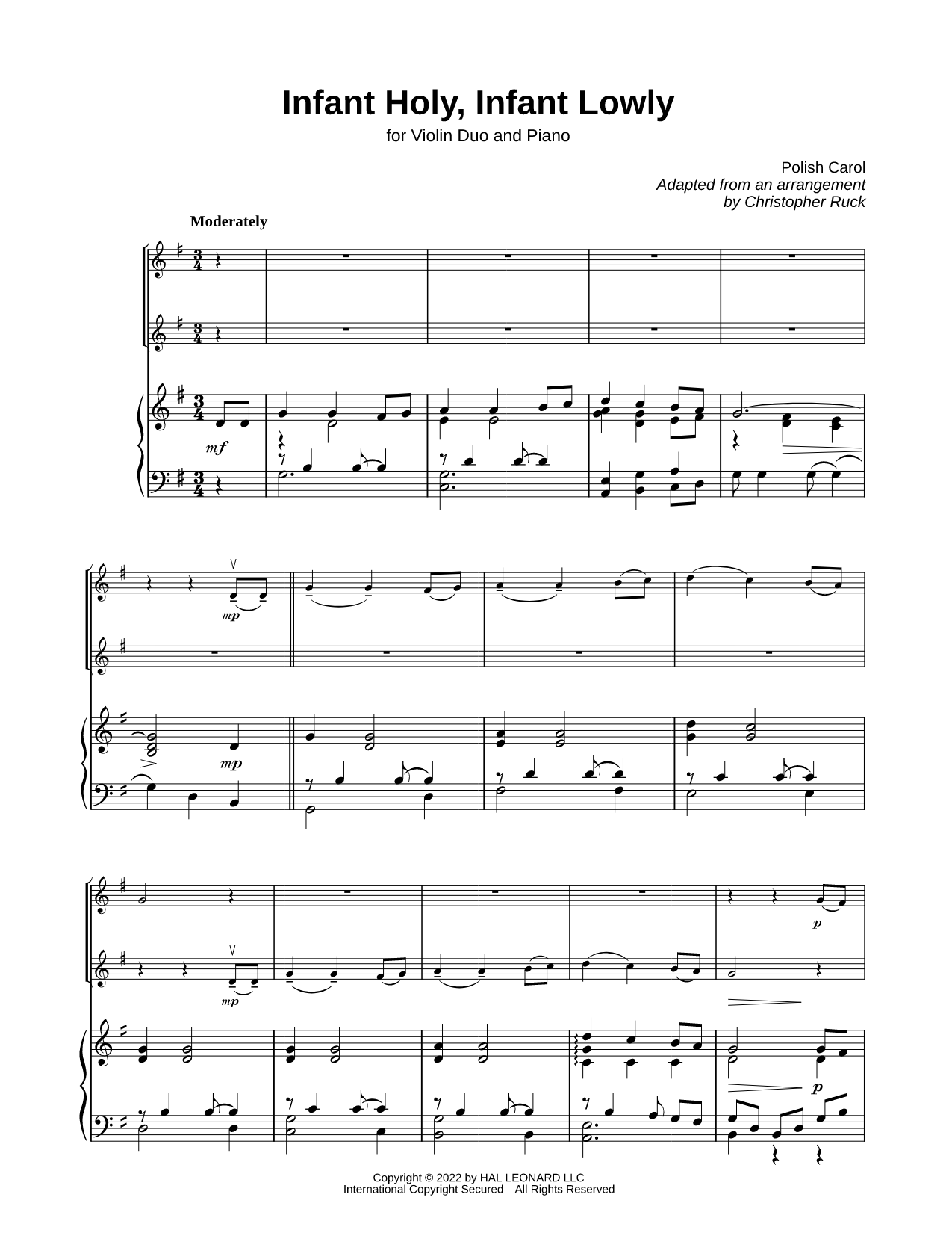 Infant Holy, Infant Lowly - Violin Duet & Piano