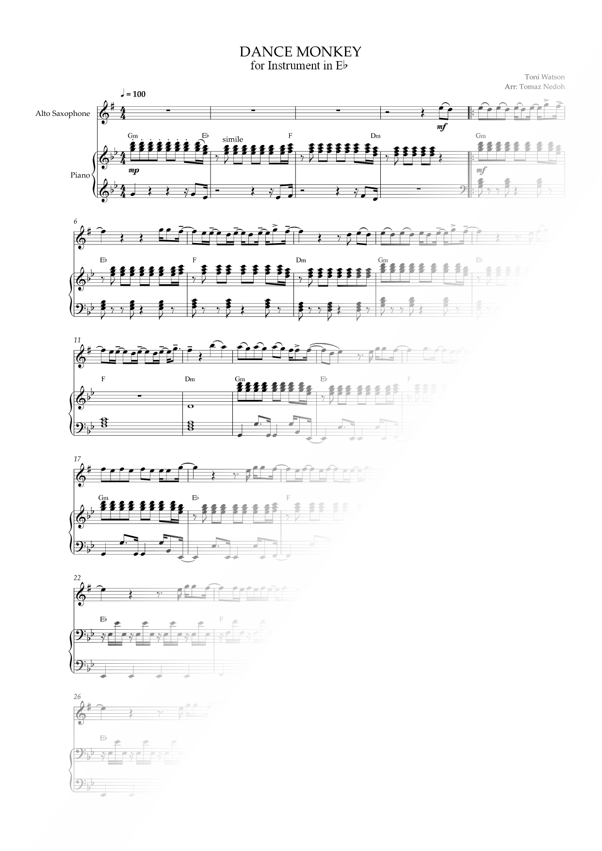 Dance Monkey - Eb Instrument & Piano