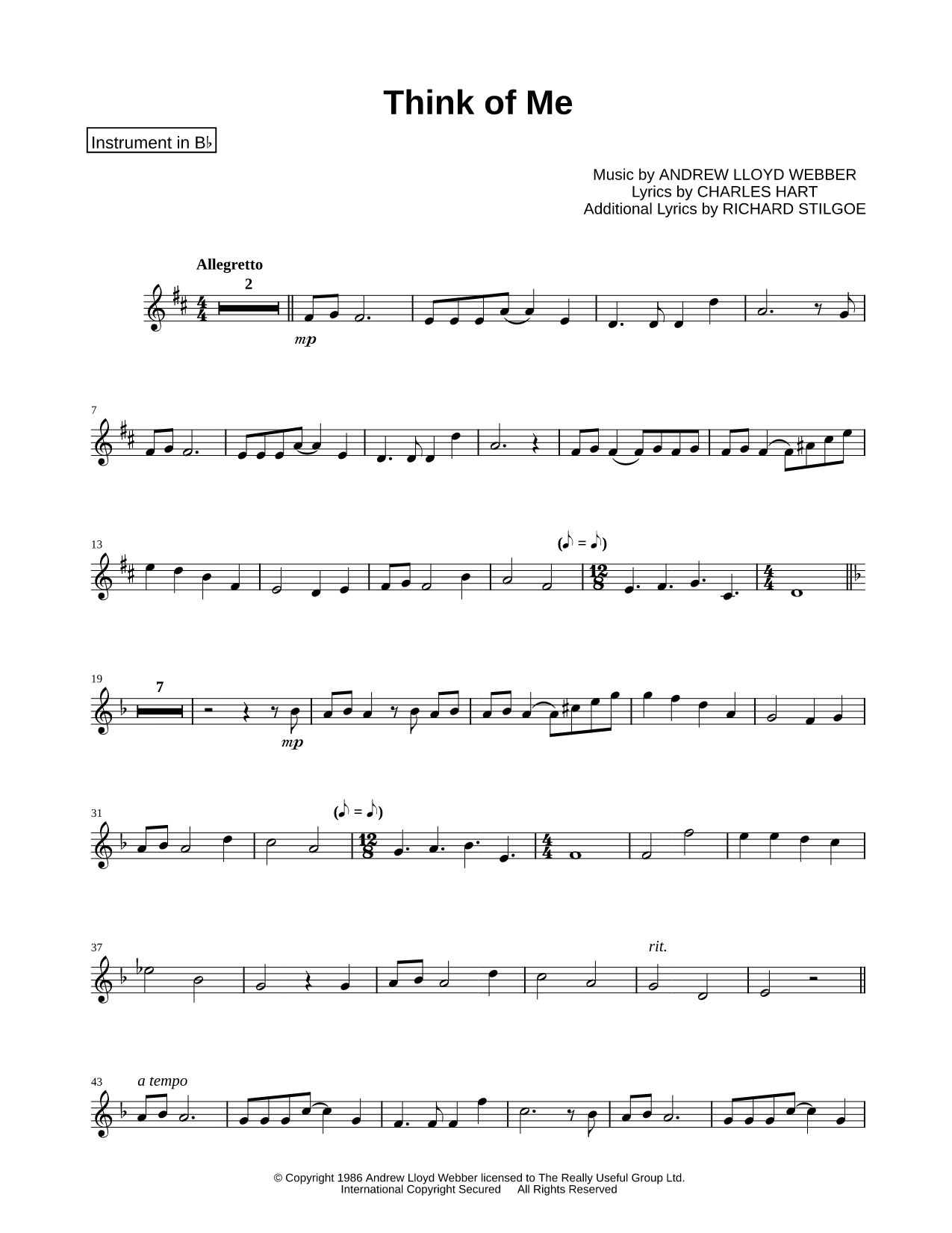 Think of Me - Bb Instrument