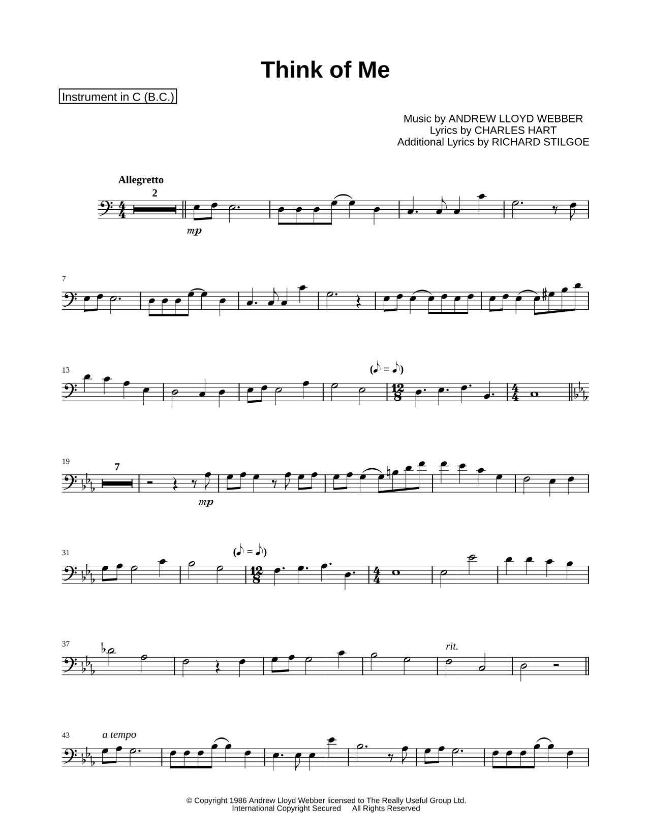 Think of Me - Bass Clef Instrument