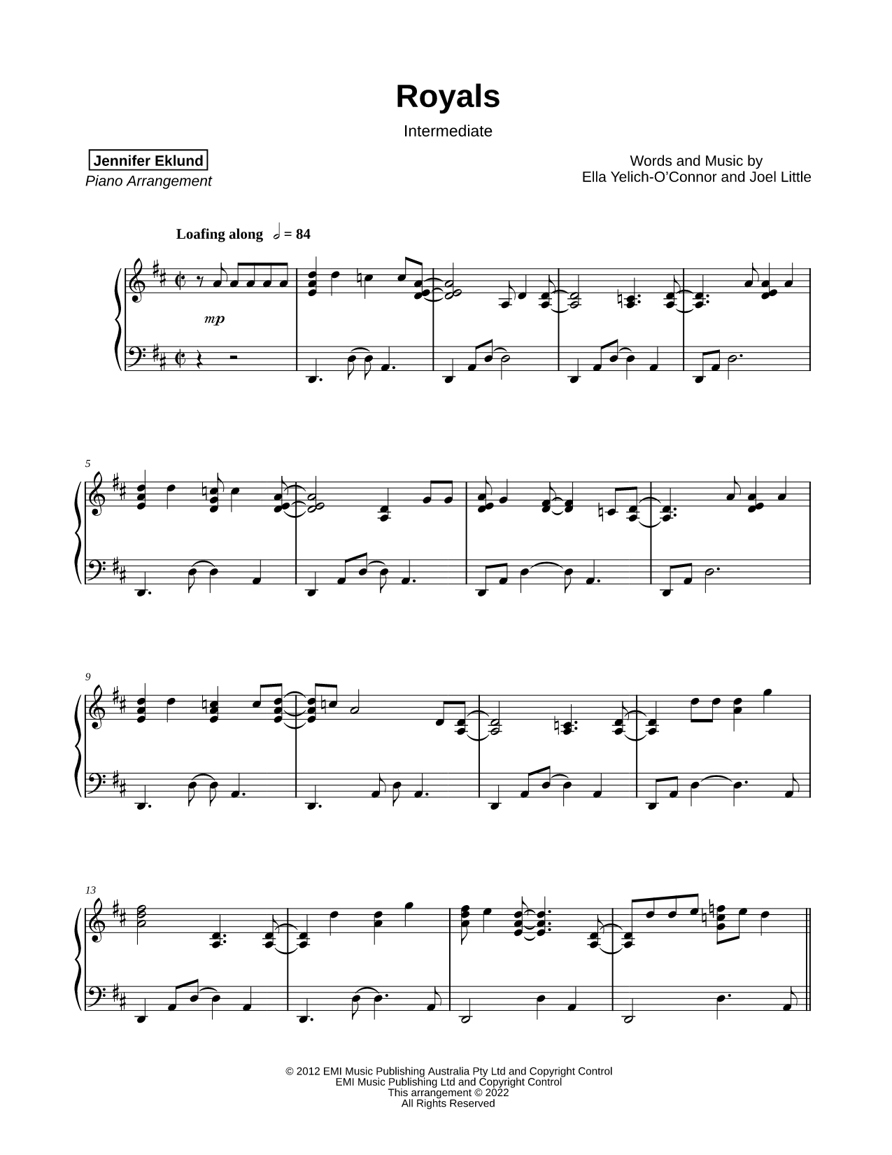 Royals [intermediate] Sheet Music — Piano Solo