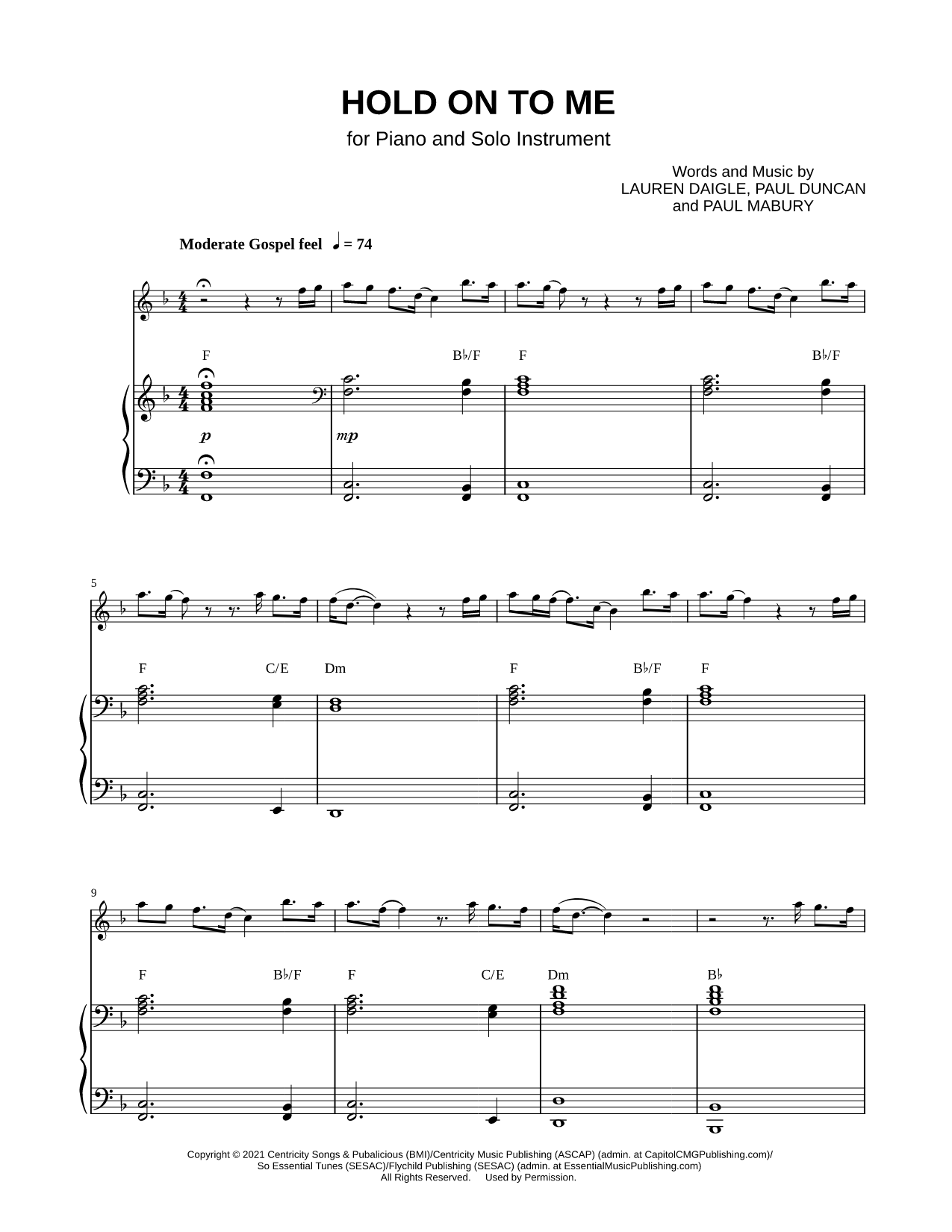 Hold On To Me - Piano Accompaniment