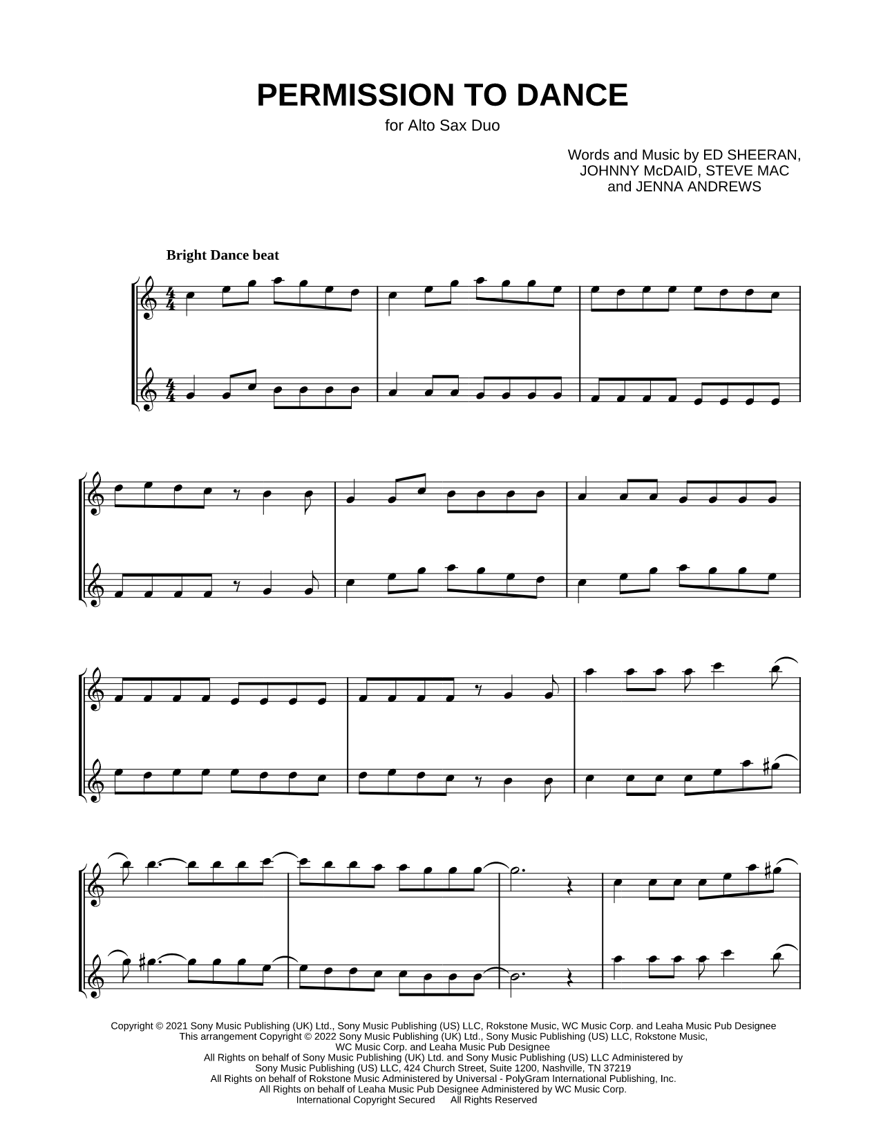 Permission to Dance - Alto Saxophone Duet