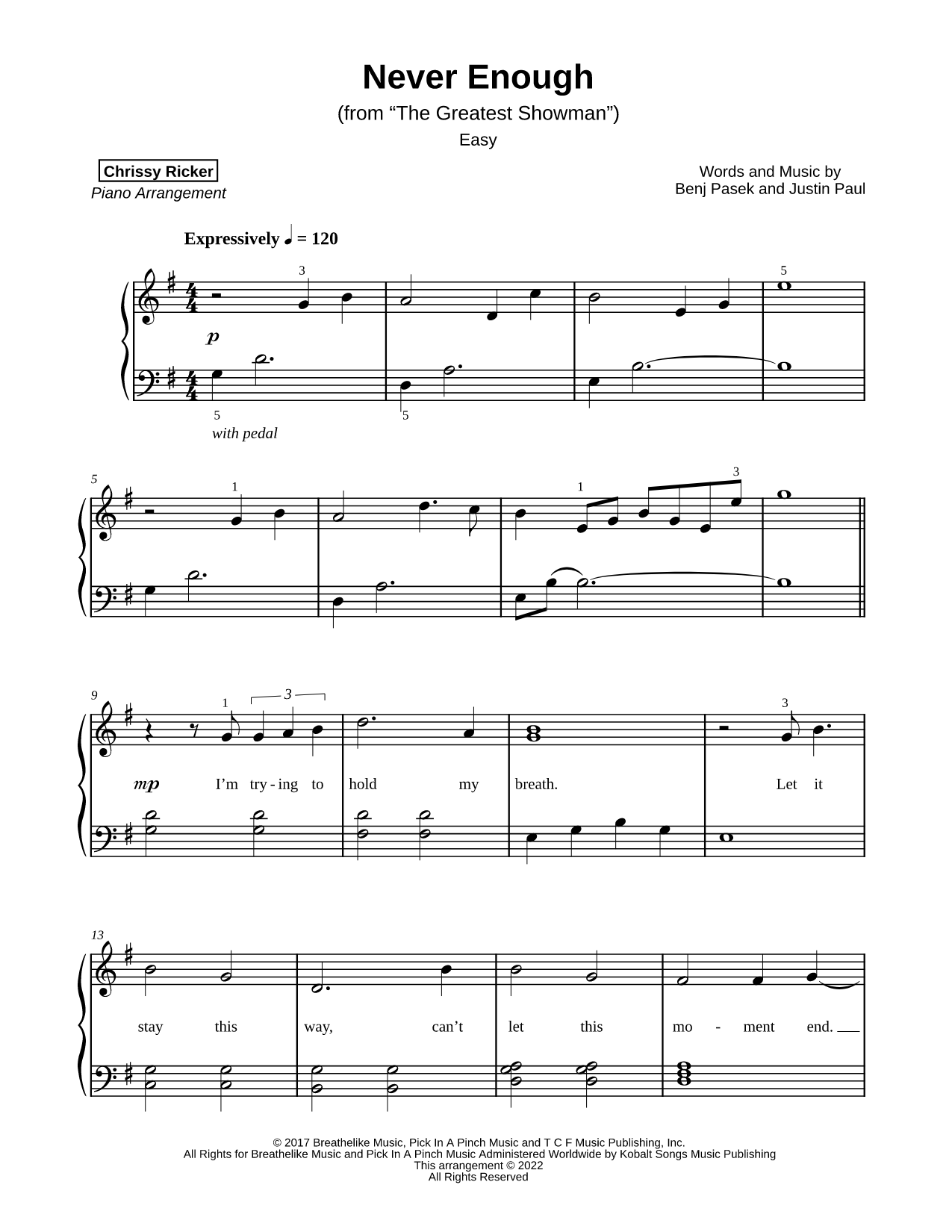 Never Enough [easy] Sheet Music — Piano Solo
