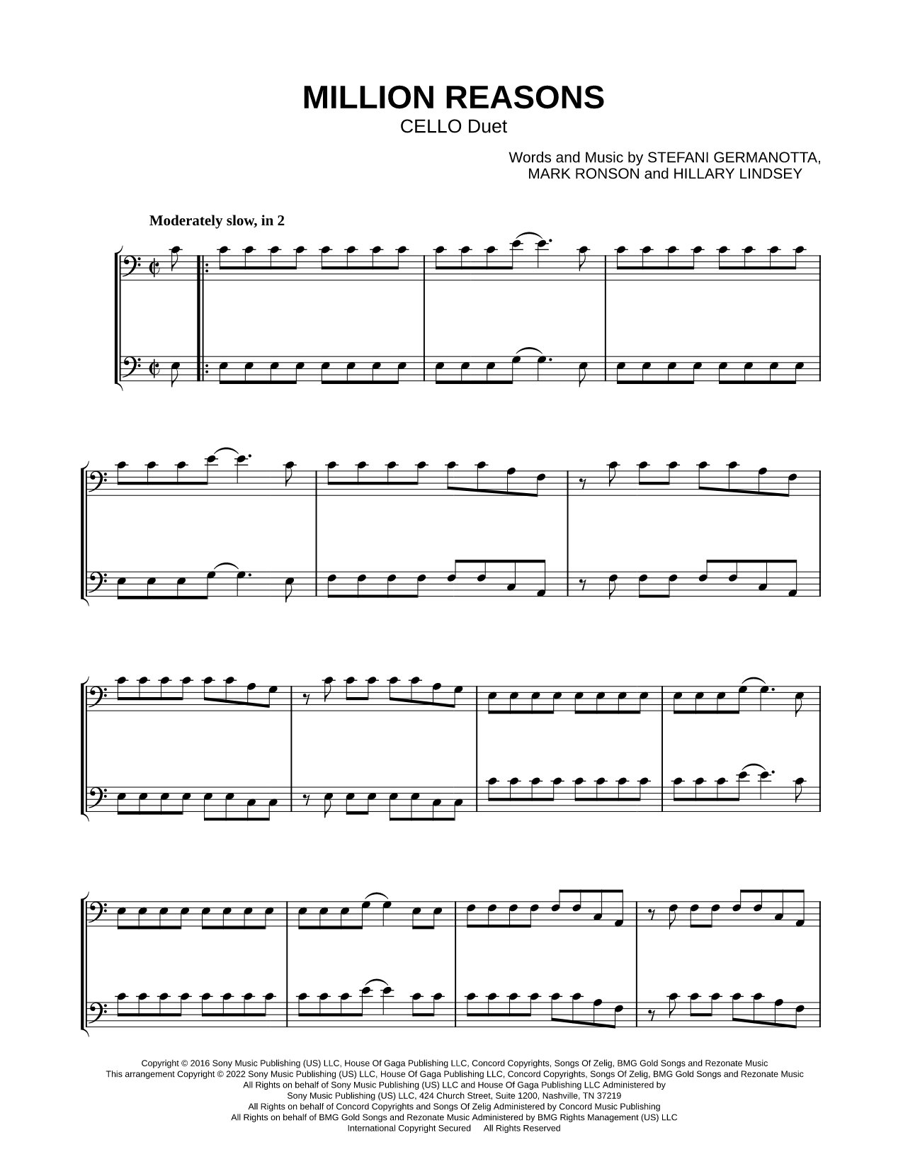 Million Reasons - Cello Duet