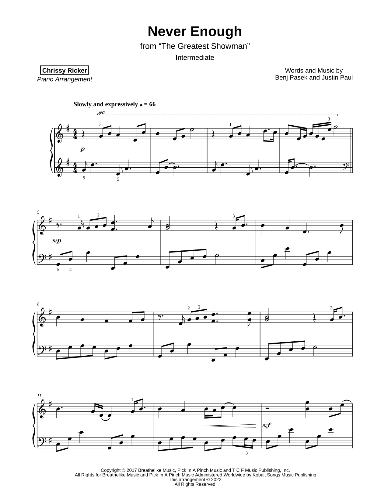 Never Enough [intermediate] Sheet Music — Piano Solo