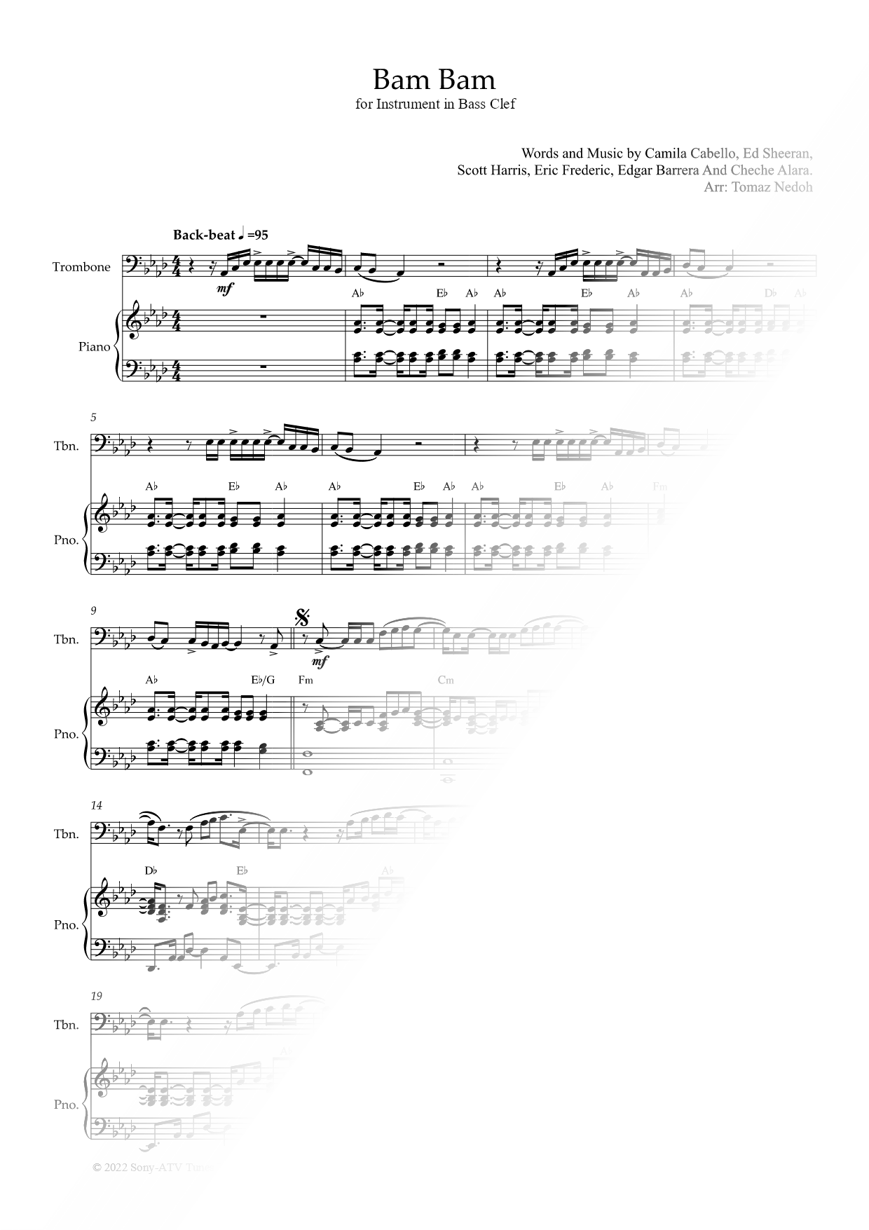 Bam Bam - Bass Clef Instrument & Piano