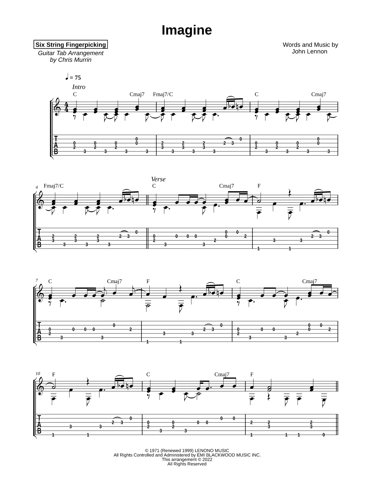 Imagine Sheet Music — Guitar Tab