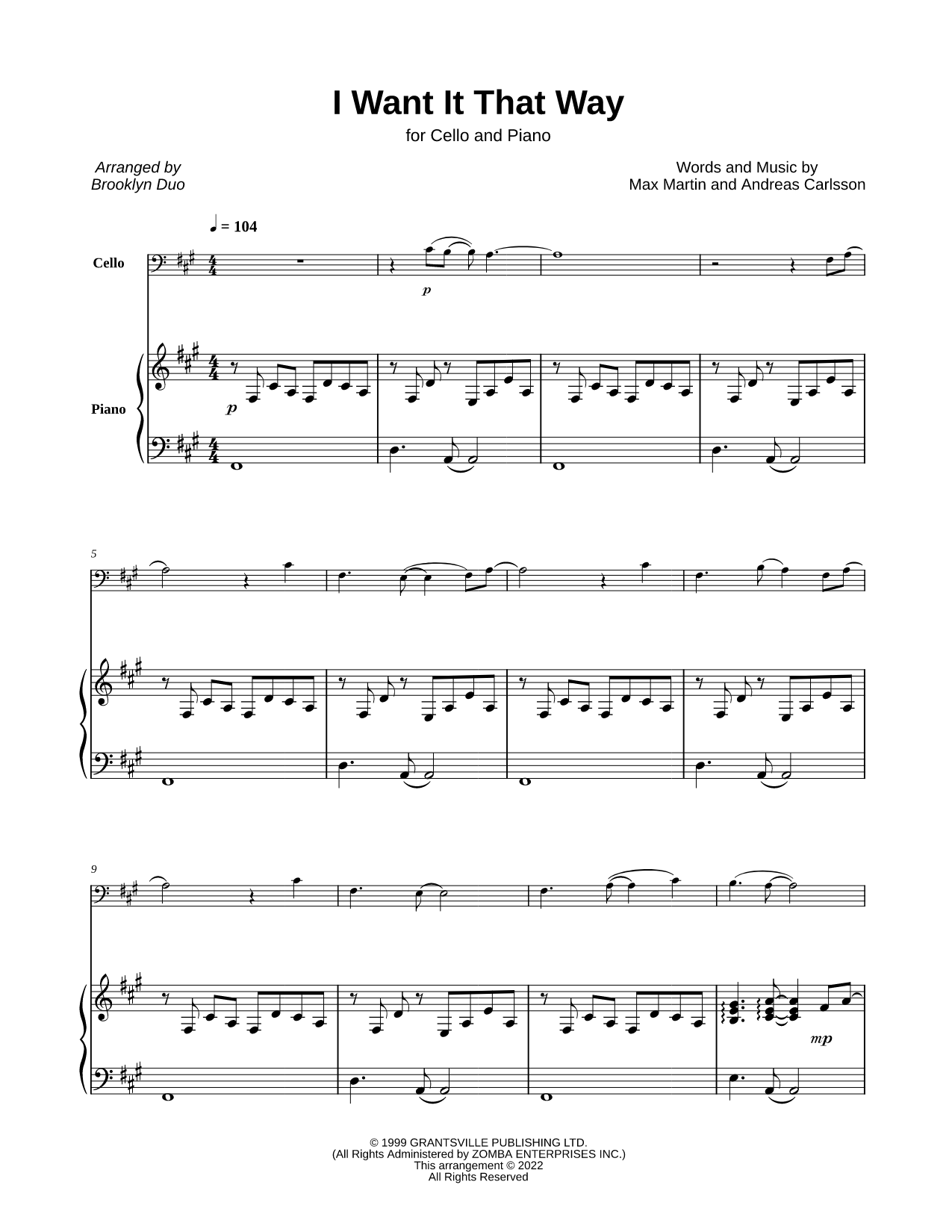 I Want It That Way - Cello & Piano