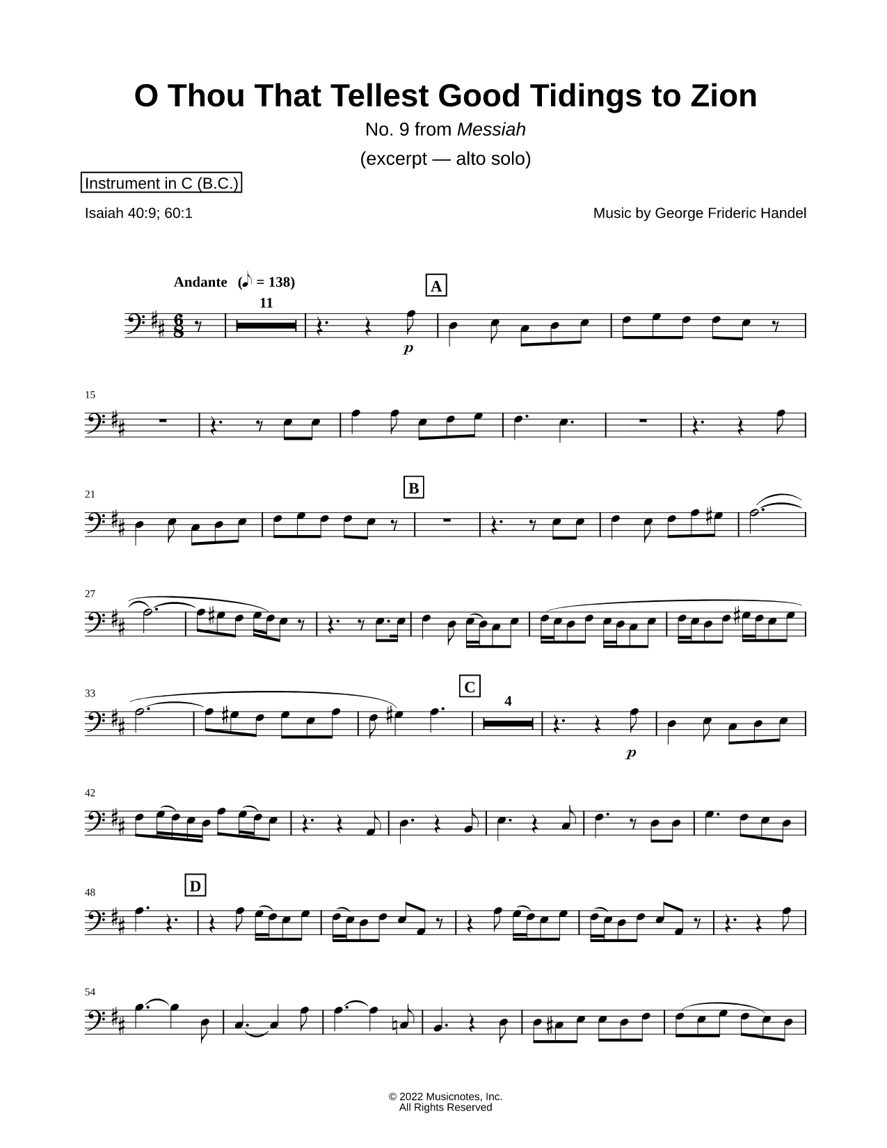O Thou That Tellest Good Tidings to Zion - Bass Clef Instrument
