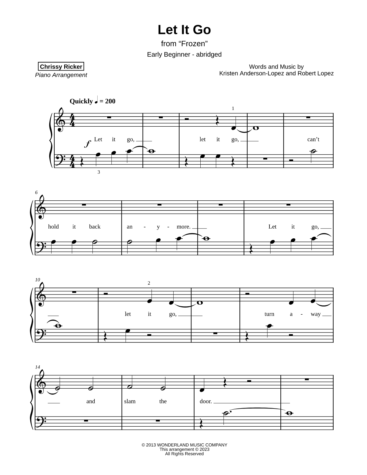 Let It Go [early beginner - abridged] Sheet Music — Piano Solo